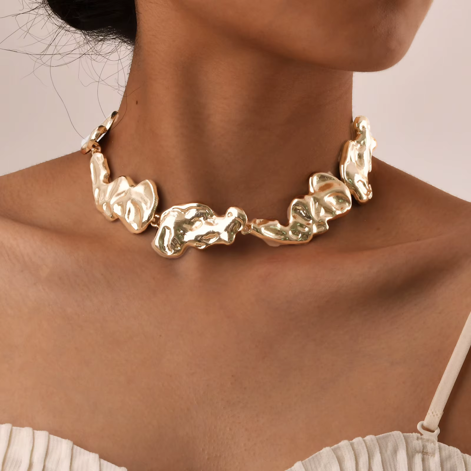 Collier Ras du Cou en Lave pour Femme, Bijou Minimaliste, Géométrique, Métal Liquide, Plaqué Or 14k,