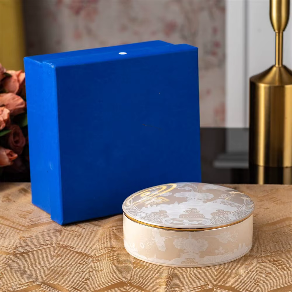 Boîte de rangement en céramique dorée beige pour bijoux, 13 cm, avec couvercle imprimé, cadeau de va