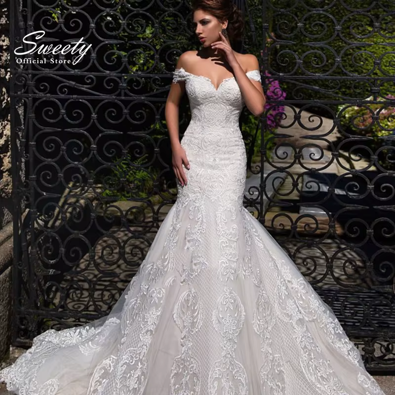 Robe de Mariée Sirène Élégante en Dentelle Brodée sur Filet, avec Ligne Fine, Col Bateau, à Lacets, 
