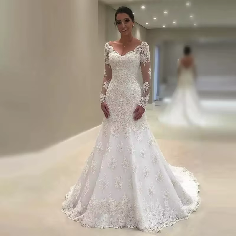 Déficit Inlik-Robe de mariée sirène à manches longues pour patients, dentelle perlée d'été, patients