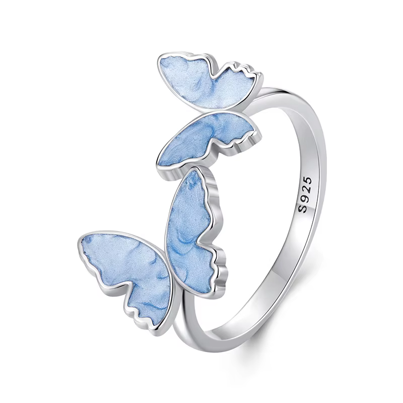 BAMOER – bague réglable papillon bleu en argent Sterling 925, plaqué or blanc, bagues mignonnes de n