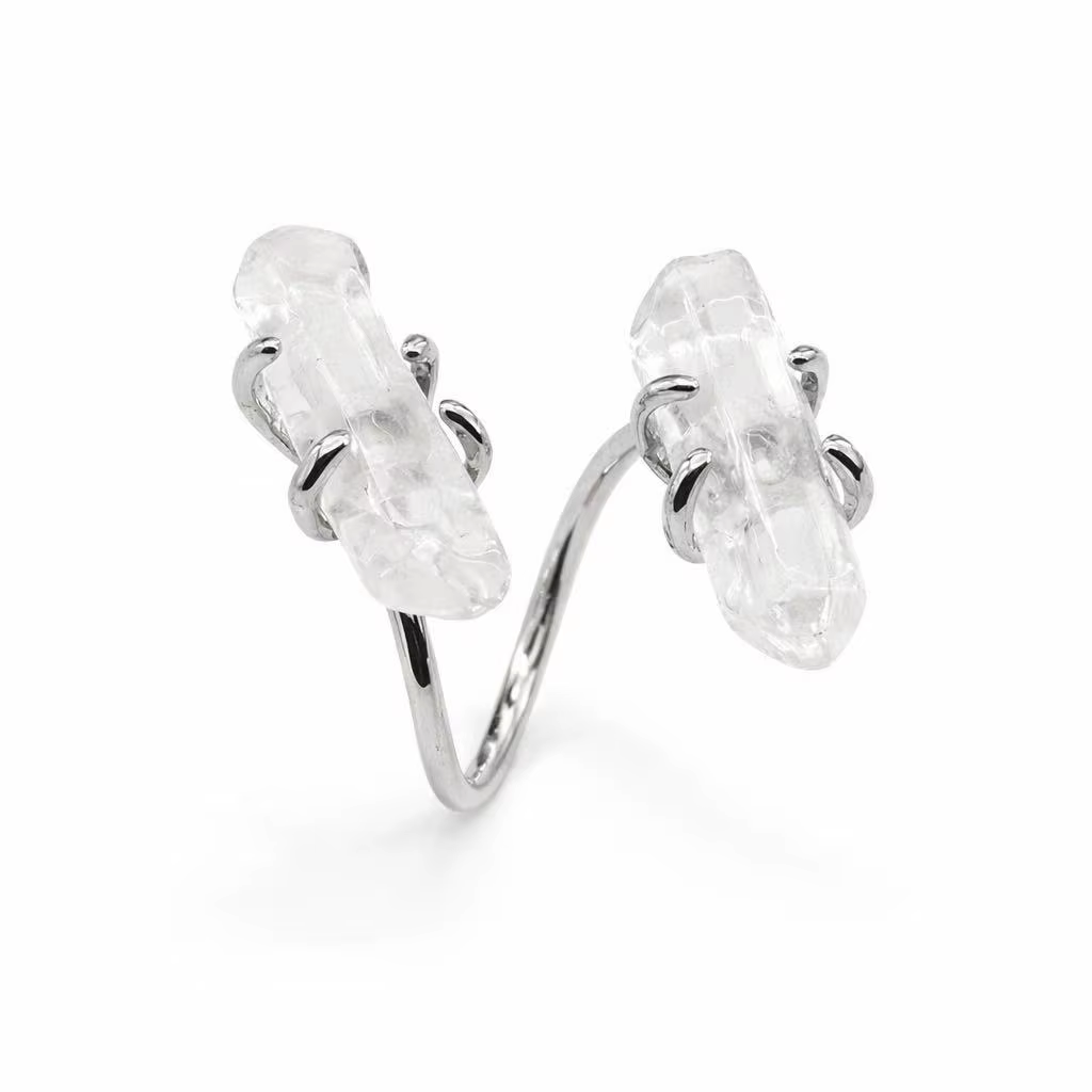 Bague ouverte bohème en quartz naturel transparent pour femmes et filles, couleur argent, pierres br