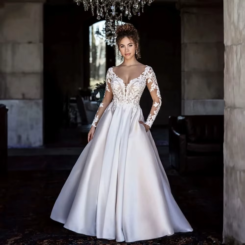 SoDigne dos nu Boho robes de mariée avec poches manches longues col en V dentelle robe de mariée Sat