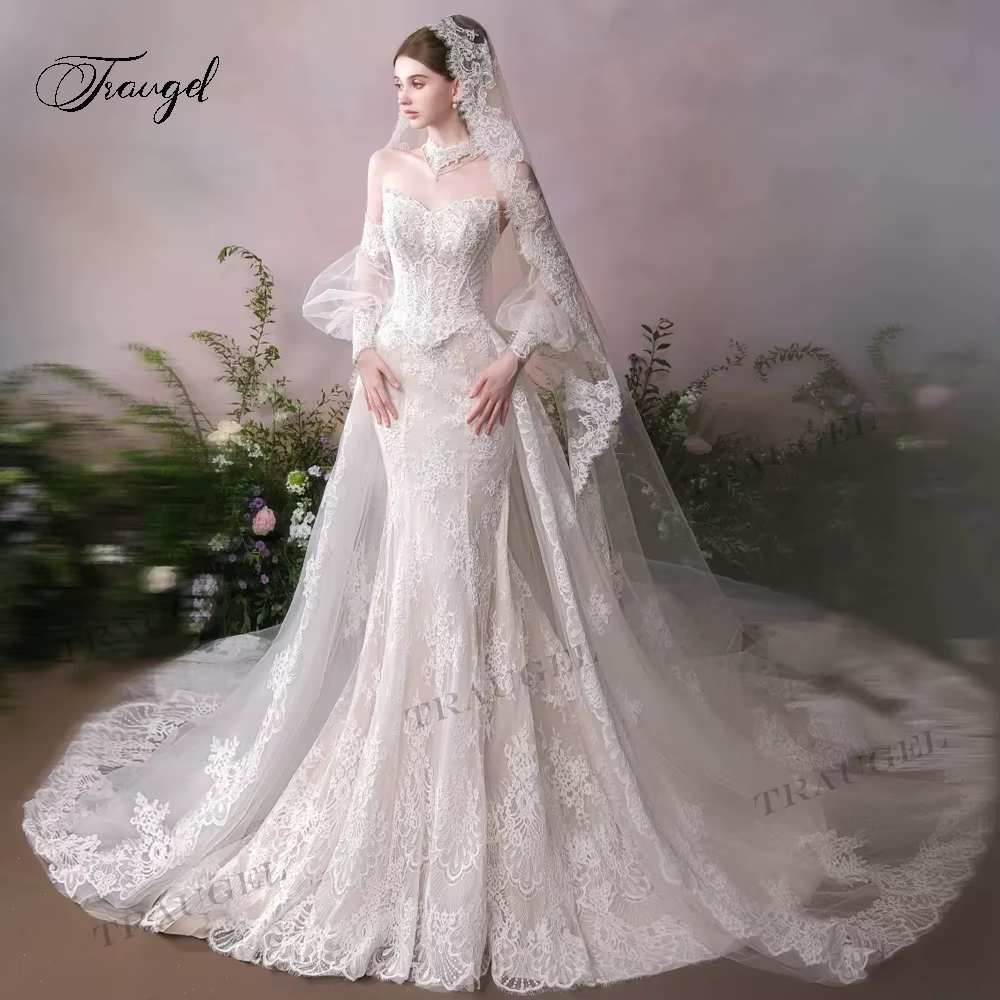 Robe de mariée Traugel élégante à manches longues, en dentelle, coupe sirène, avec appliques de luxe