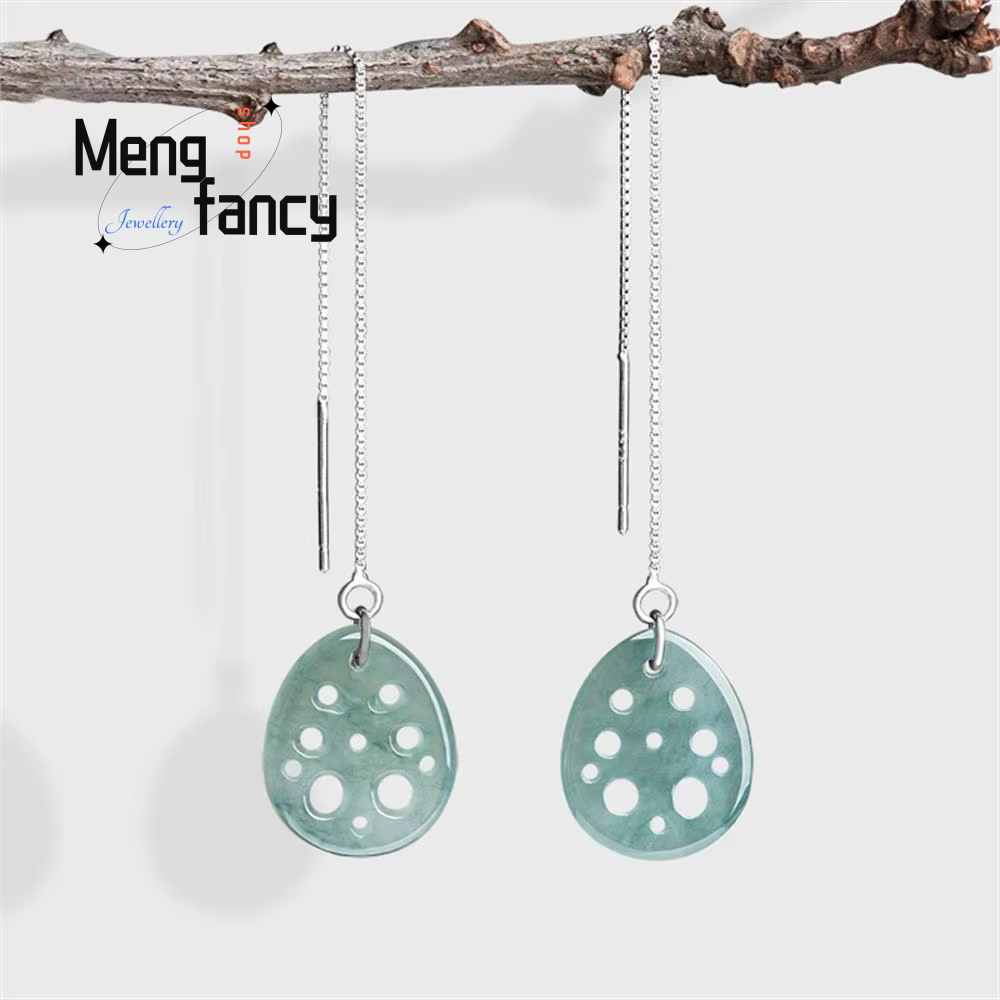 Boucles d'oreilles en jadéite naturelle, racine de Lotus d'eau bleue, fil d'oreille en argent S925, 