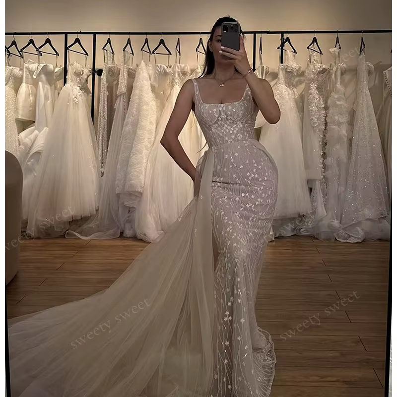 Robe De mariée sirène en Organza avec traîne détachable, avec broderie, sans manches, col carré, per