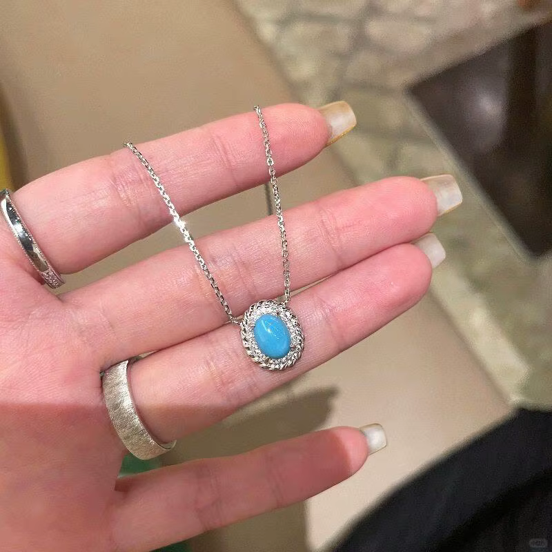 Collier ovale en argent 925 pour femmes, torsades exquises incrustées de diamants, pendentif Turquoi