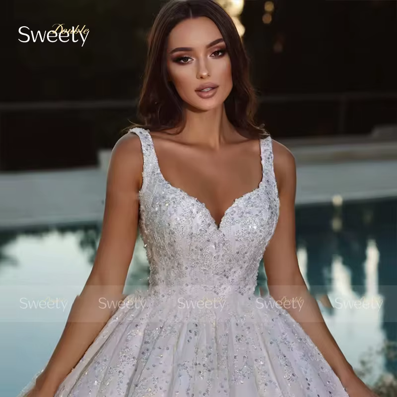 Robe De mariée à paillettes, en Organza, avec perles et paillettes, robe De bal princesse, sans manc