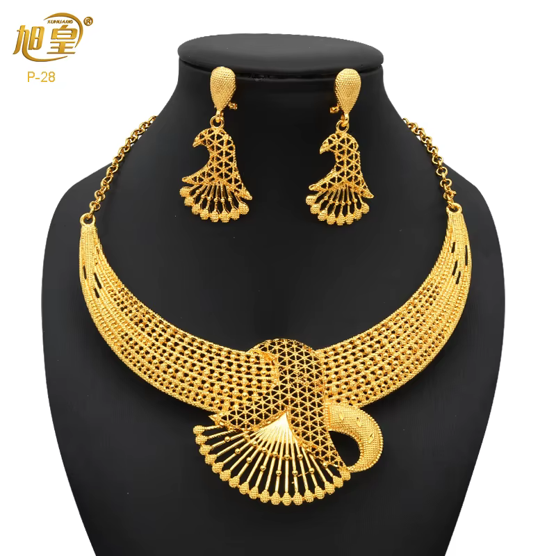 Ensemble de bijoux de luxe couleur or 24 carats pour femmes, collier et boucles d'oreilles de mariag