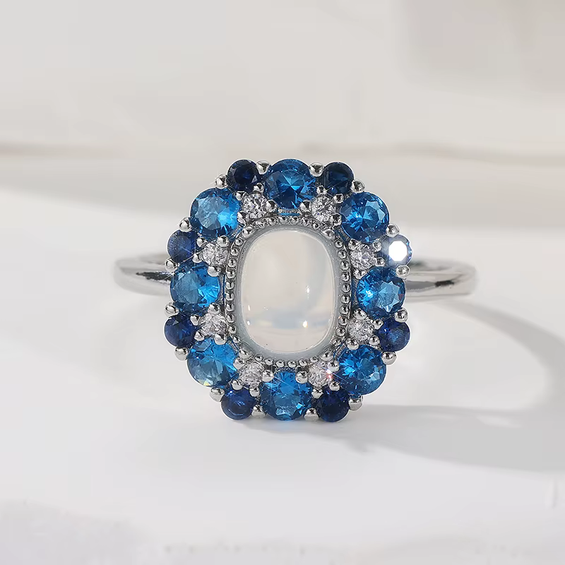 Bague élégante et magnifique en pierre de lune synthétique incrustée, scintillante et argentée, pour