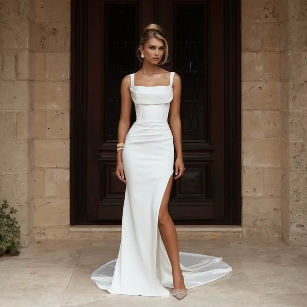 Robes De mariée sirène modernes col carré bretelles Spaghetti fendu dos nu robe De mariée Sexy robes