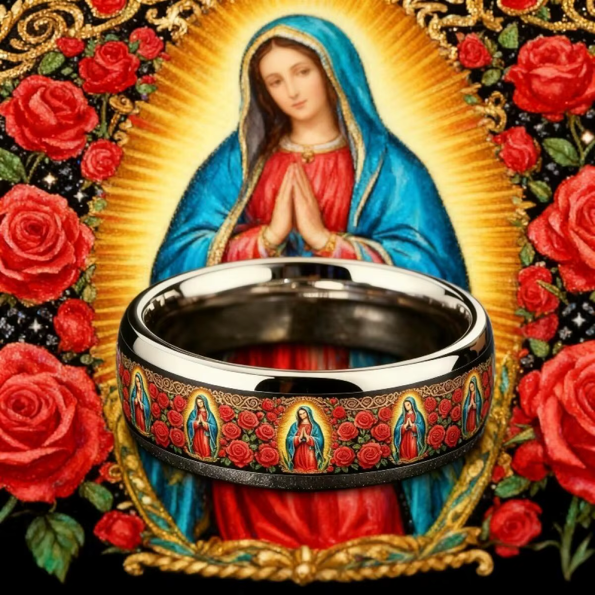 Bague Vintage Notre-Dame de Guadalupe en acier inoxydable, anneaux chrétiens de la Vierge Marie pour