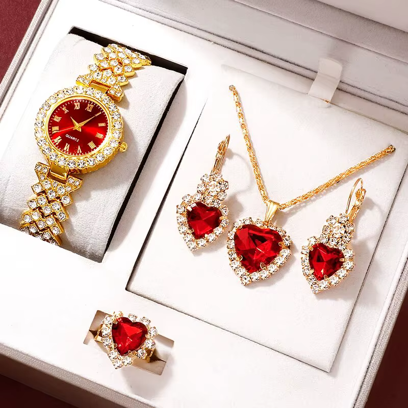 Montre de luxe dorée pour femme, bague, collier, boucle d'oreille, biscuits, montre-bracelet décontr