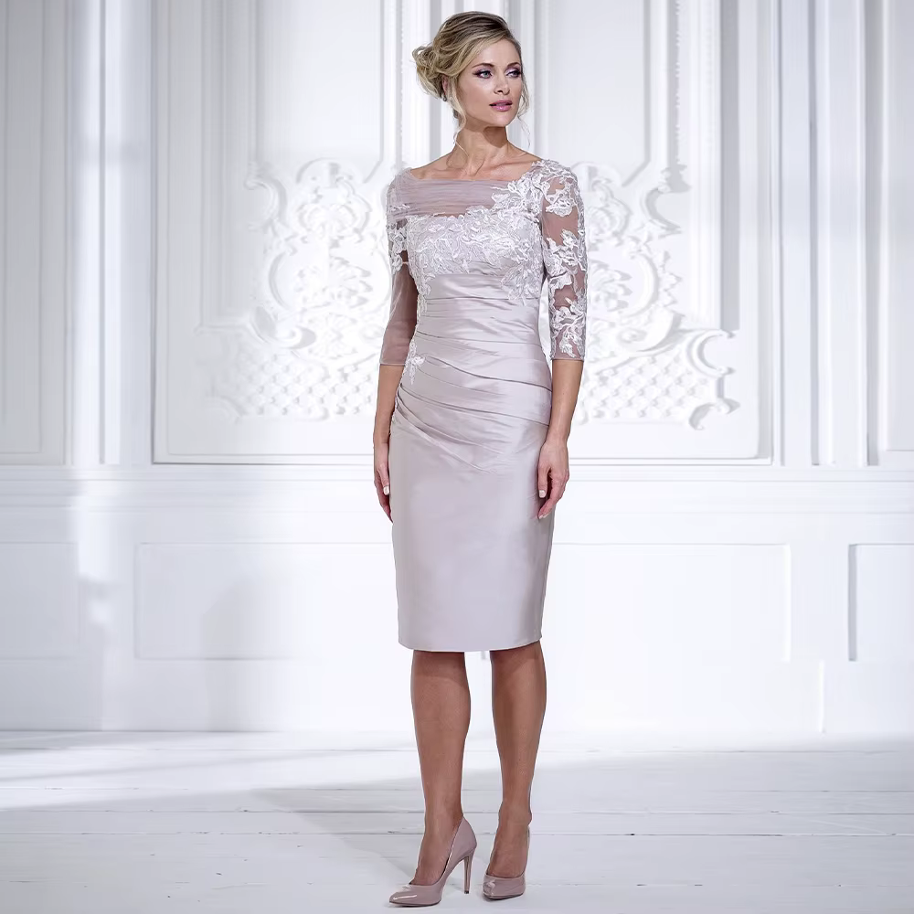 Robes pour mère de la mariée en argent, longueur genou, manches 3/4, robes d'invitées de mariage élé