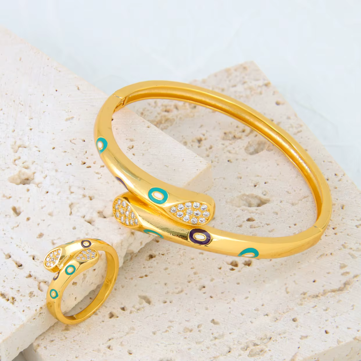 Ensemble de bracelets plaqués or saoudien de luxe pour femmes, bijoux de fête rigour, bague de manch