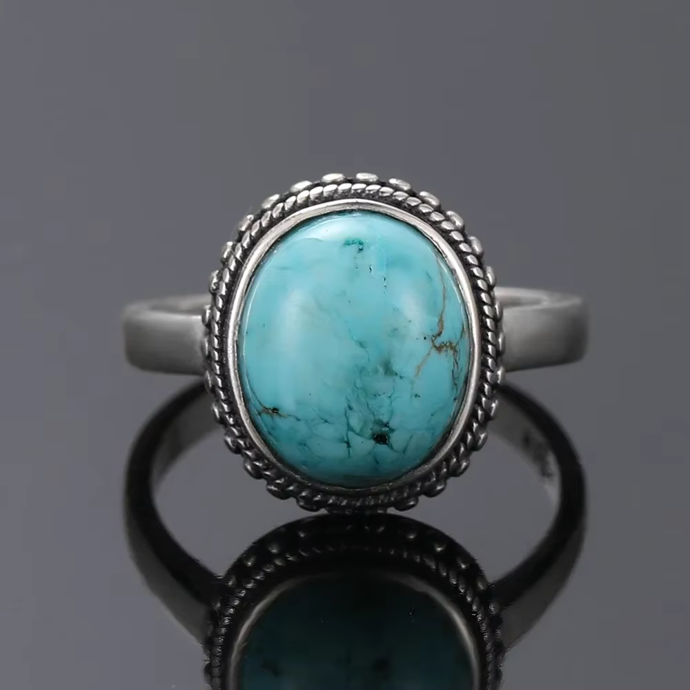 Bagues ovales vintage en turquoise pour femmes, plaquées argent, élégantes, simples, bijoux fins, ca