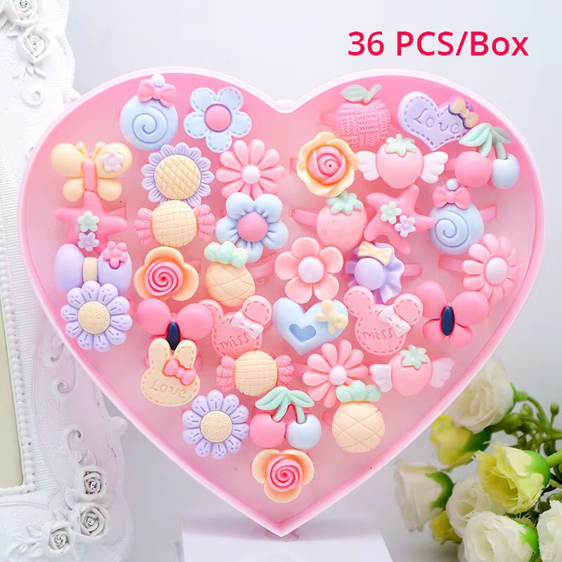 36Pcs Enfants Mignon Anneaux Résine Dessin Animé Bijoux Fleur Forme Réglable Anneau Ensemble Accesso