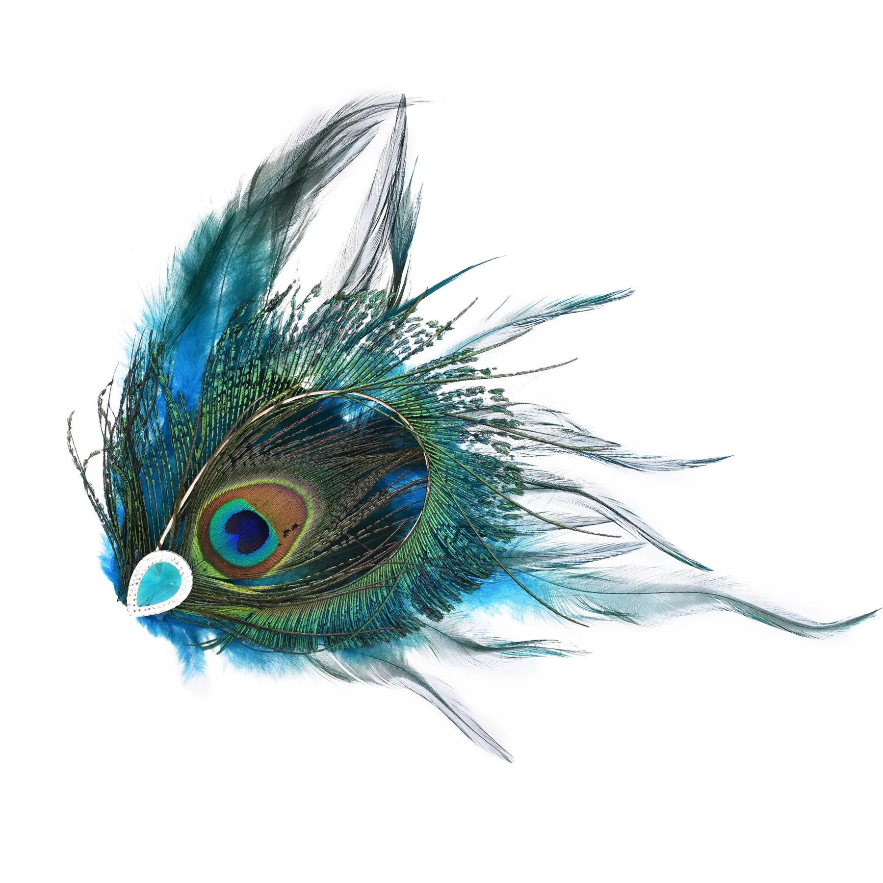 Pince à cheveux ethnique exagérée en strass, plume de paon, pince latérale en plumes colorées, pince