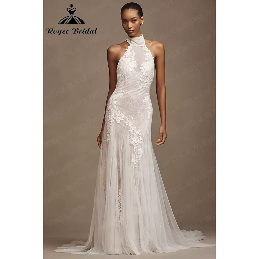 Robe de mariée vintage à col halter en dentelle et tulle, style sirène, avec appliques, dos ouvert, 