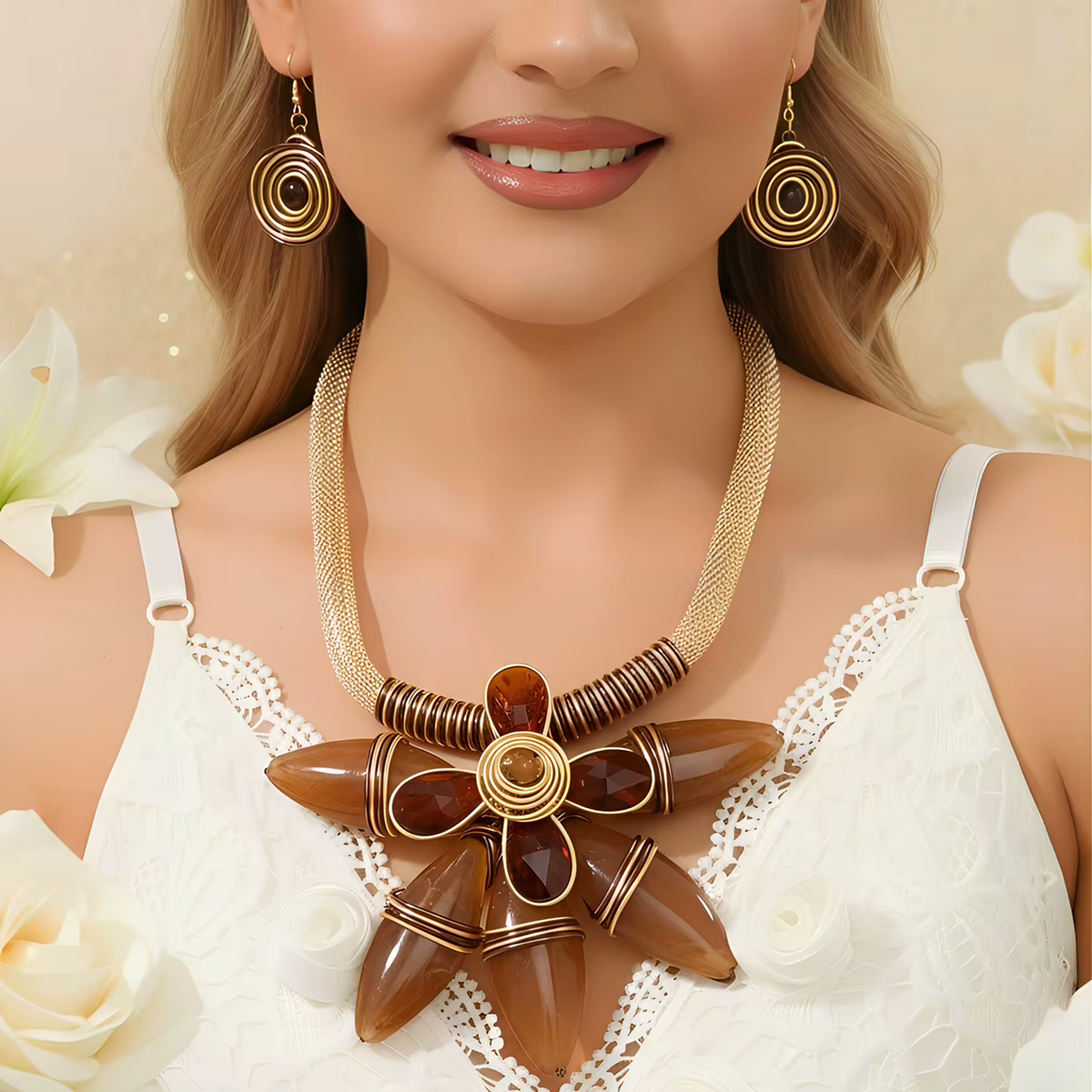 Ensemble de bijoux tendance pour femme : collier et boucles d'oreilles fantaisie en résine, fil d'al
