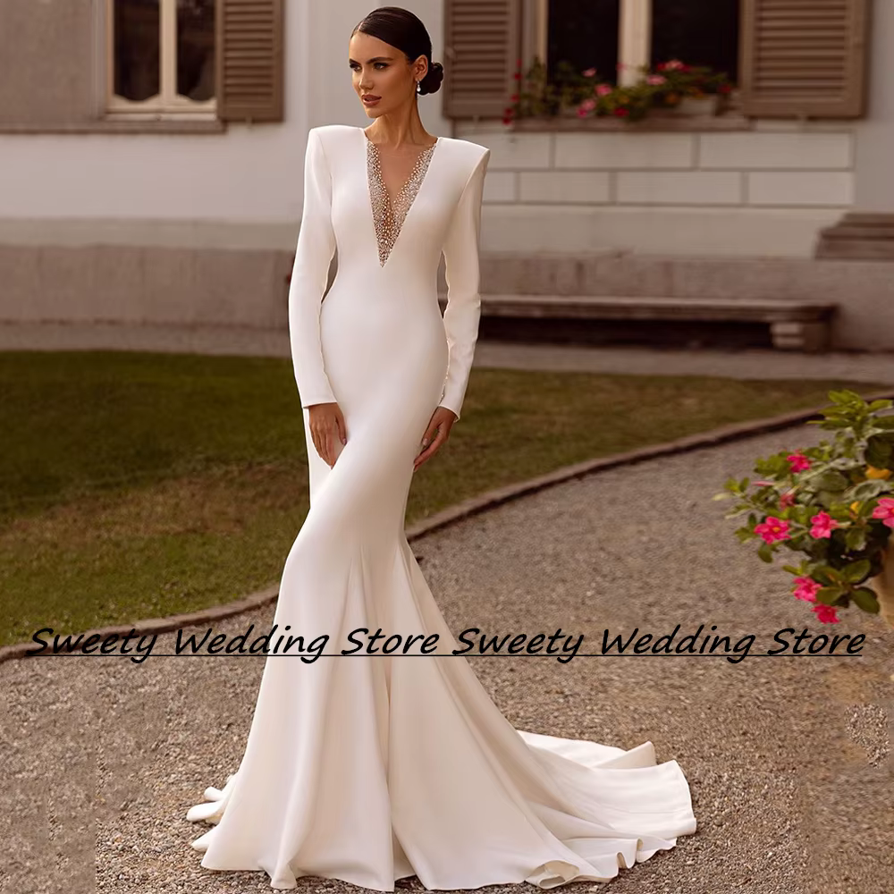 Jiayigong – robe de mariée en Jersey extensible, personnalisée, manches longues, perles, traîne de b
