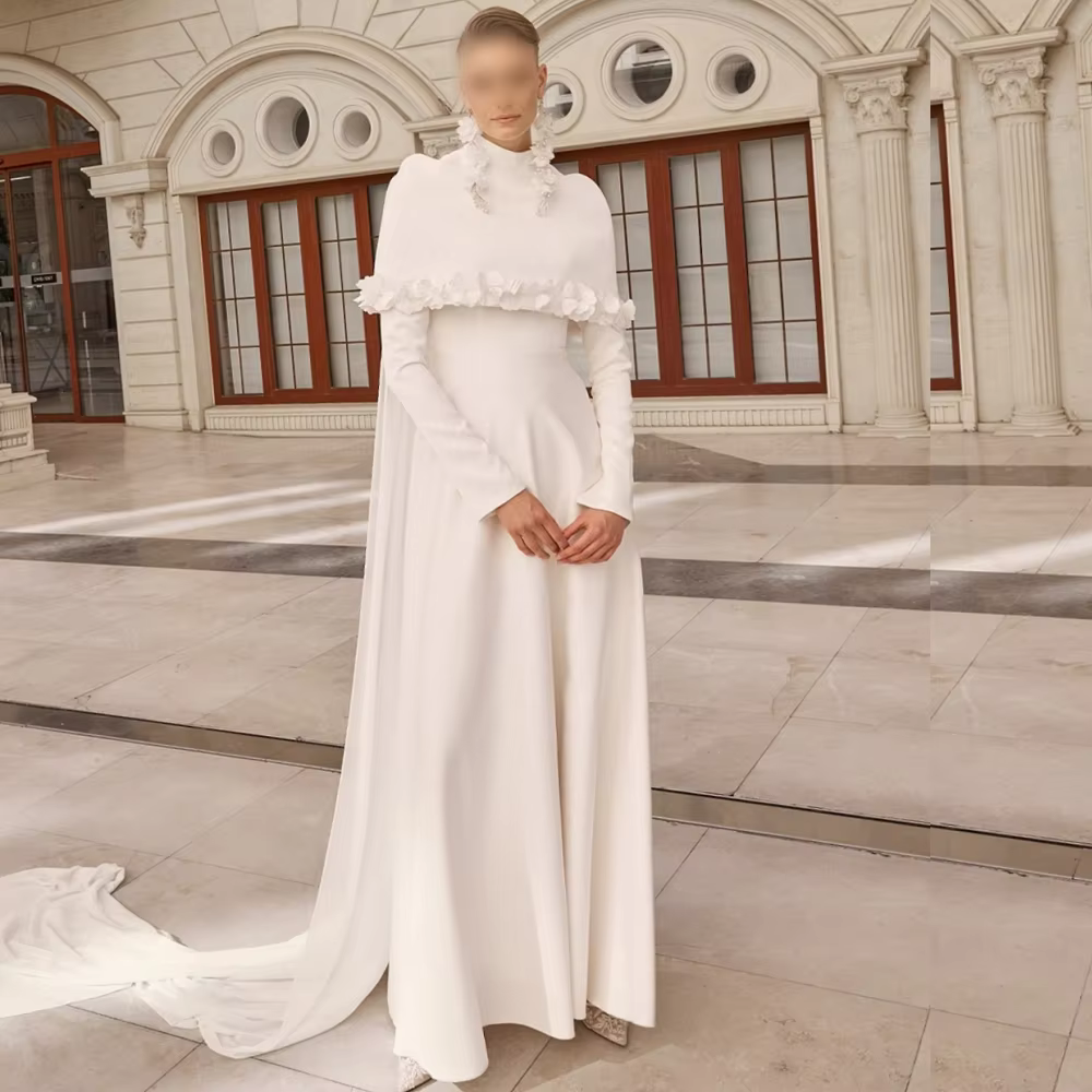 Robe de soirée élégante personnalisée pour mariage et banquet, col montant, appliquée, coupe trapèze