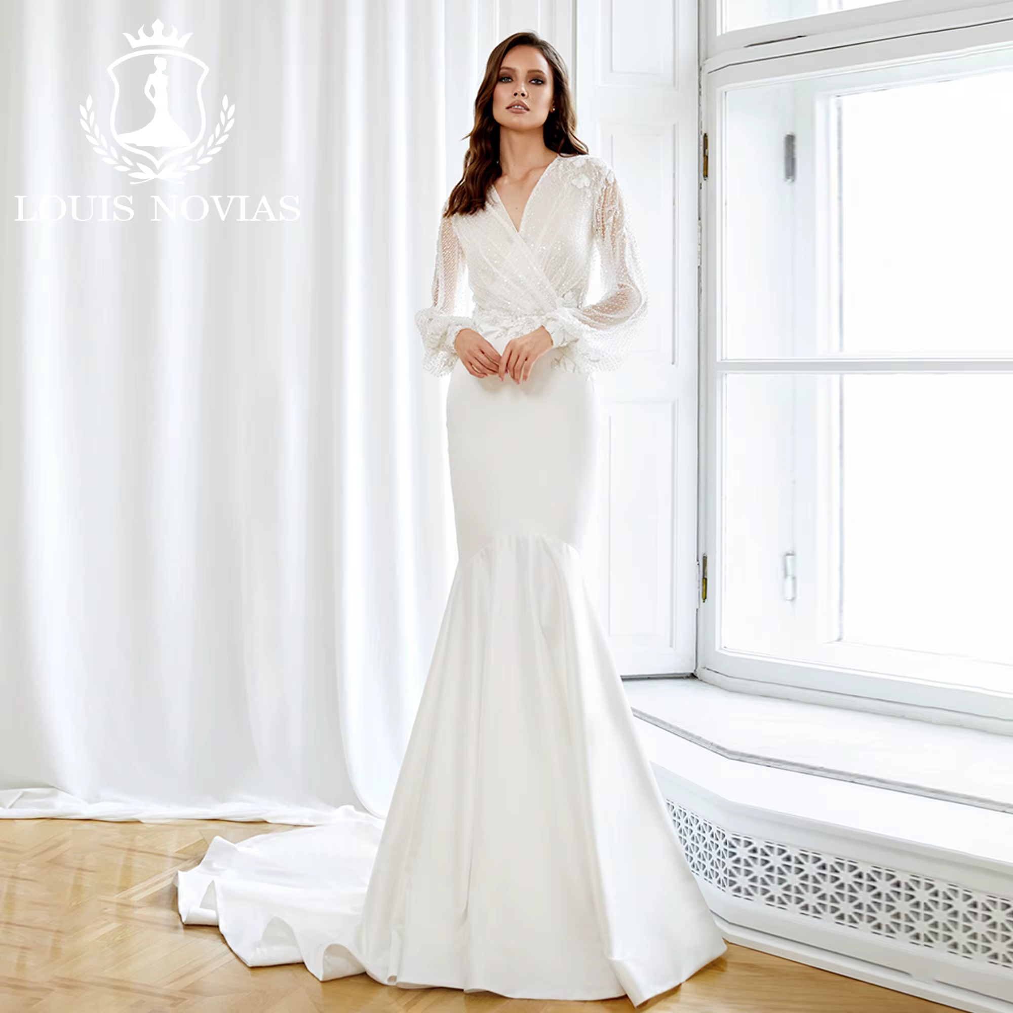 Modis-Robe de mariée sirène à col en V, manches bouffantes, appliques, robe de mariée en satin de tu