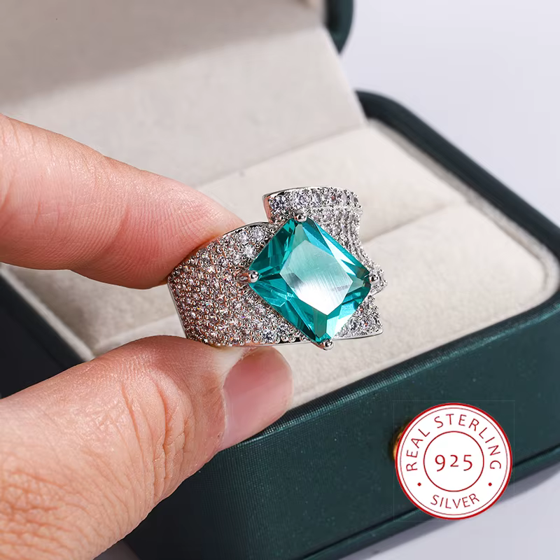 Bague élégante en argent Sterling 925 pour femmes, bague carrée verte en Zircon Paraiba, bague de fi