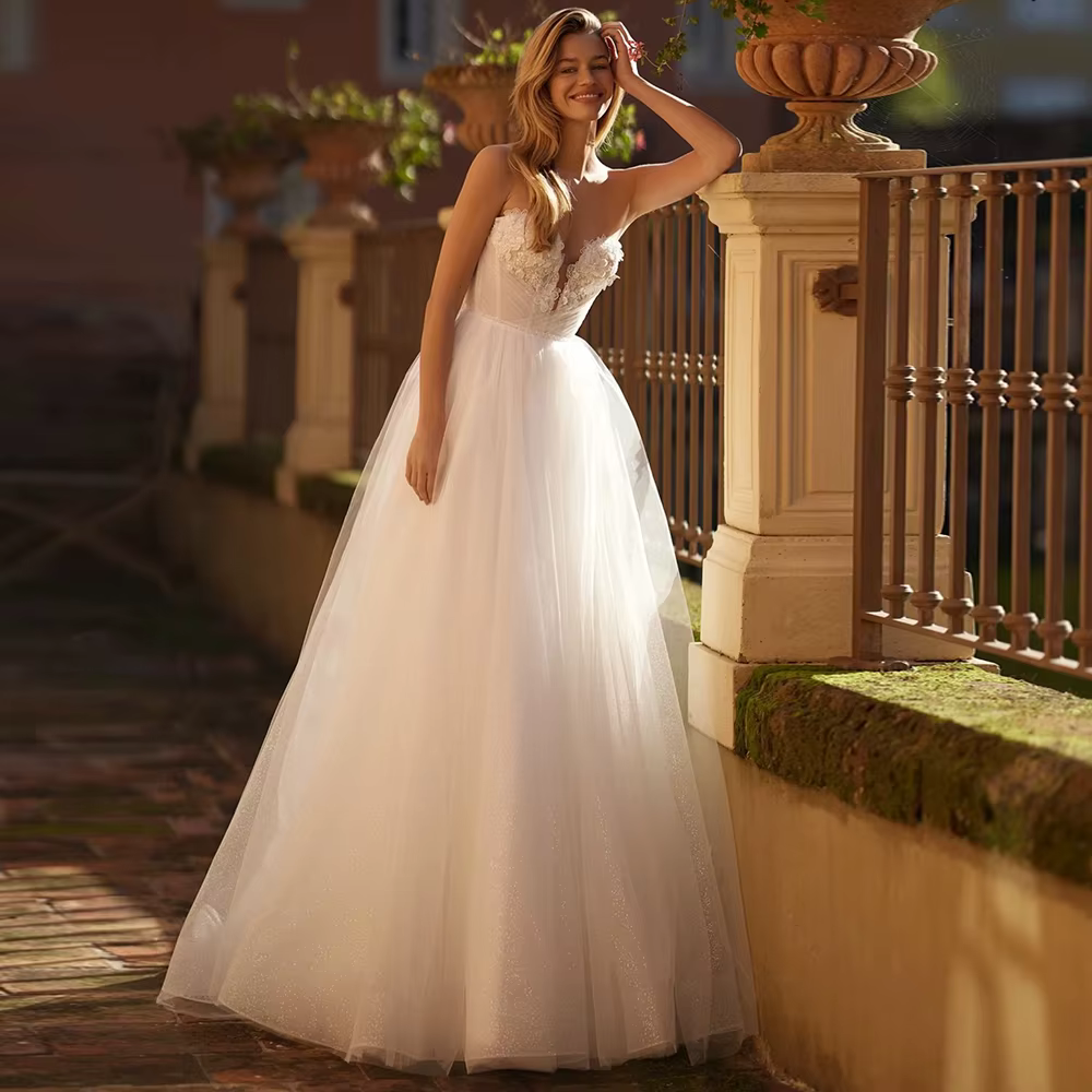 Robe de mariée de luxe en tulle scintillant, coupe trapèze, sexy, sans bretelles, avec fleurs 3D, do