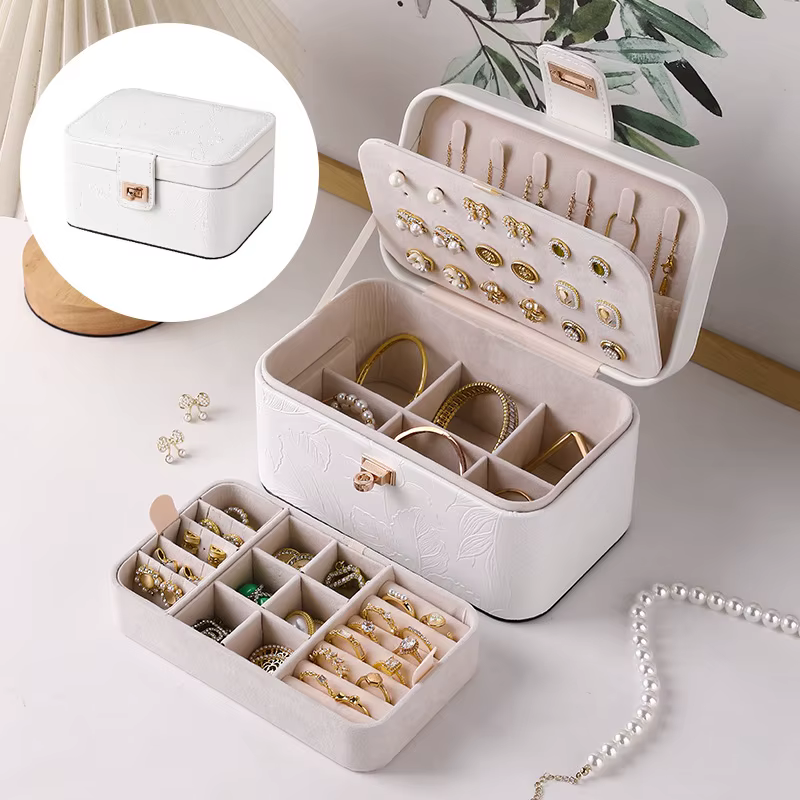 Boîte de rangement de bijoux imprimée de luxe, boîte d'accessoires de grande capacité cloisonnée au