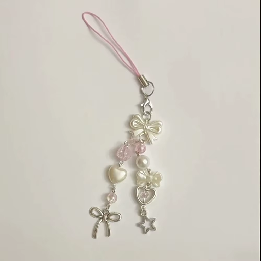 Y2K – Coquette rose avec nœud perlé, lanière de téléphone, pendentif de sac, breloques de décoration