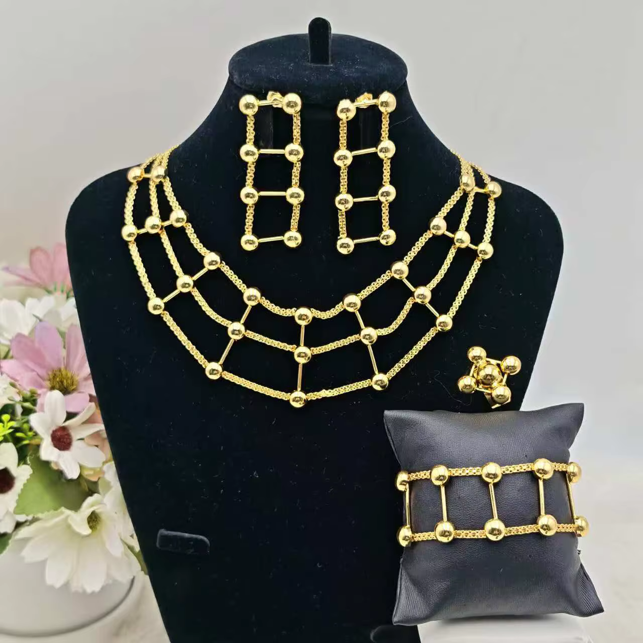 Dubaï boucles d'oreilles collier bracelet bague mariée ensemble classique couleur or petite perle af