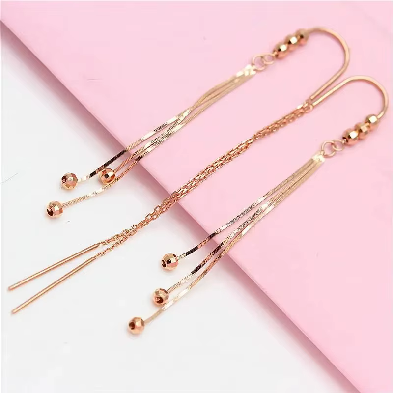 Boucles d'oreilles pompon longue chaîne souple pour femme, or violet, or rose 14 carats, perle ronde