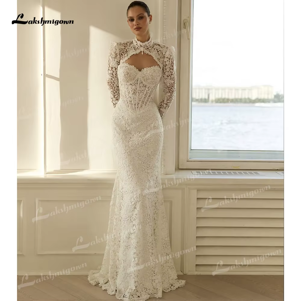 Robe de mariée sirène bohème à col montant et laçage, corset en dentelle, robe de mariée personnalis