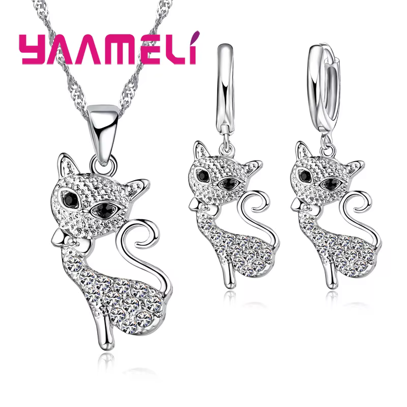 Ensemble de bijoux en argent 925 pour femmes et filles, breloques de renard en cristal autrichien, d