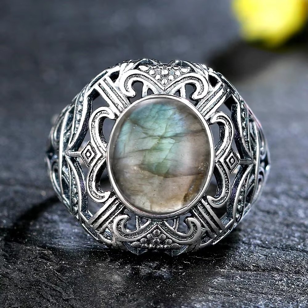 Grande bague ovale ronde en labradorite naturelle, plaquée argent, pour femmes, en forme de soleil, 