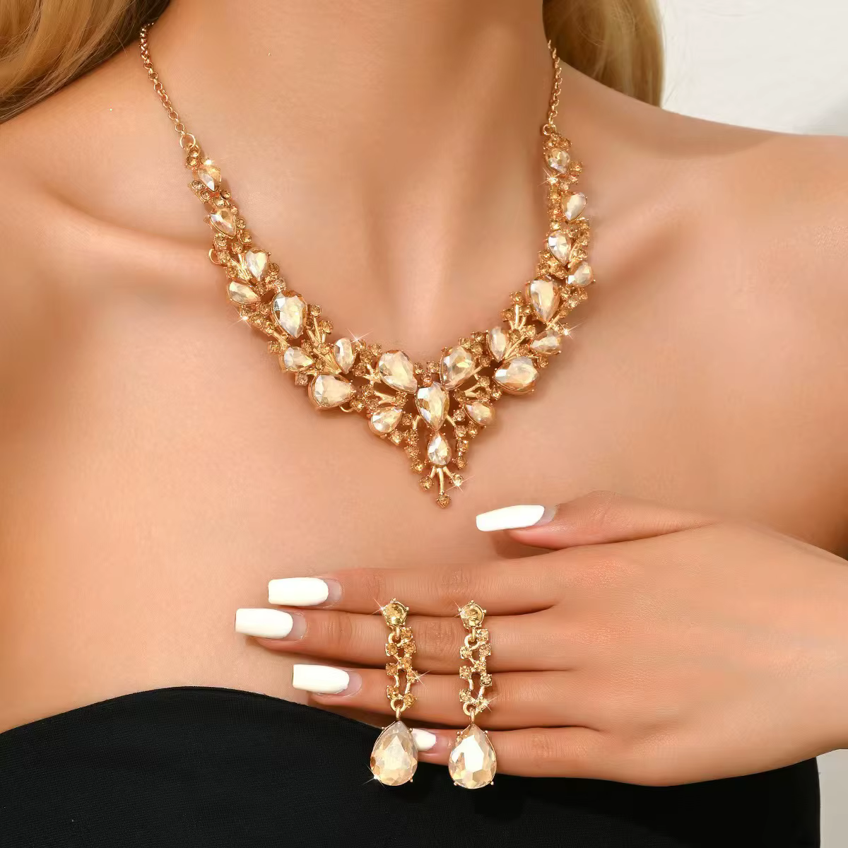 Parure de bijoux pour robe de mariée, collier et boucles d'oreilles goutte d'eau, style V, en crista