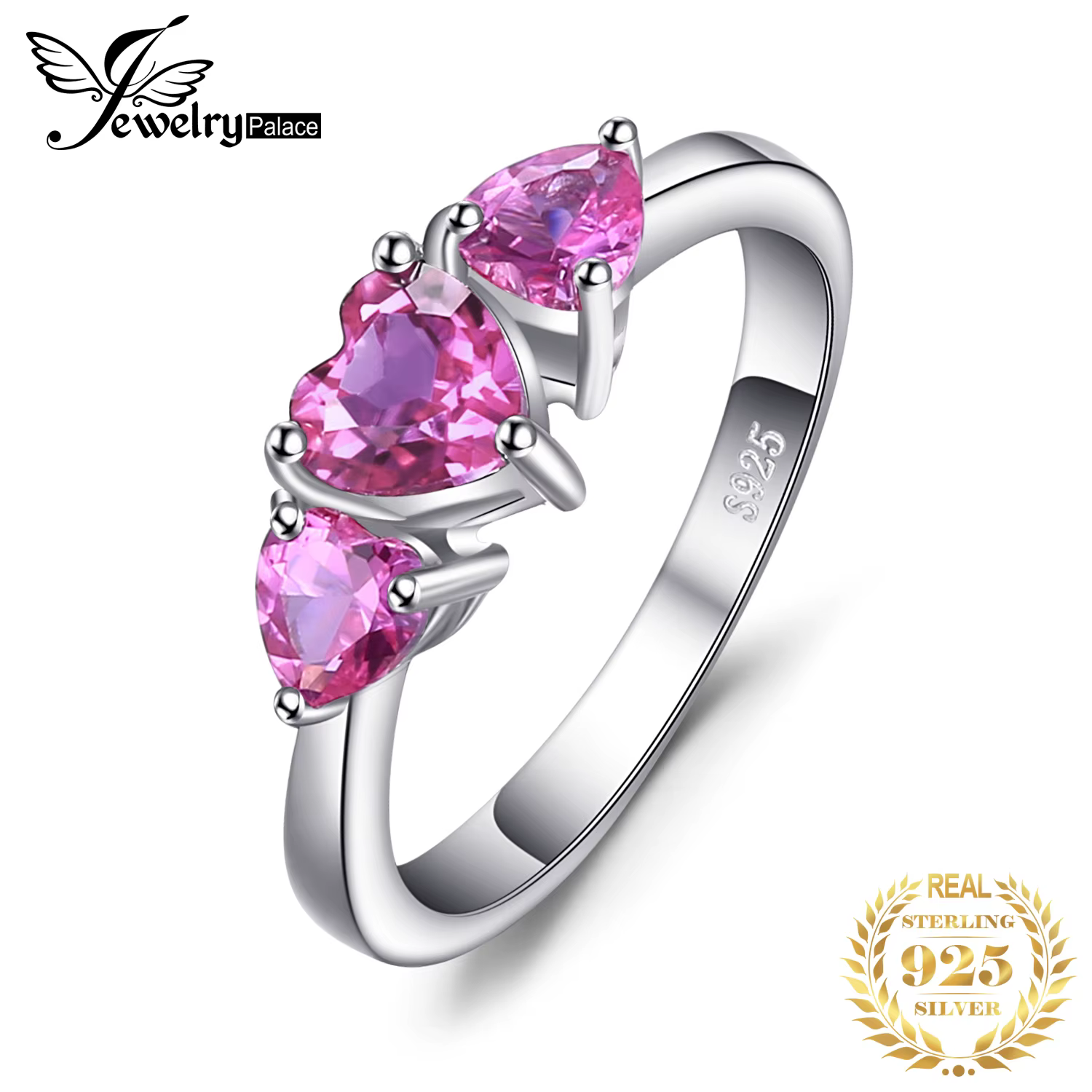 JewelryPalace Amour Coeur 1.2ct Créé Saphir Rose 925 Argent Sterling 3 Bague en pierre pour Les Femm