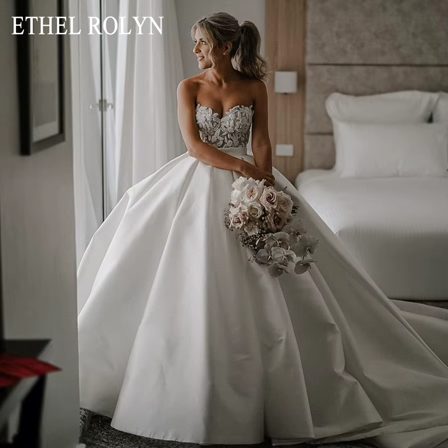 ETHEL ROCircN-Robe de Mariée Princesse Sexy et Élégante, Sans Bretelles, Dos aux, de Luxe, en Satin,