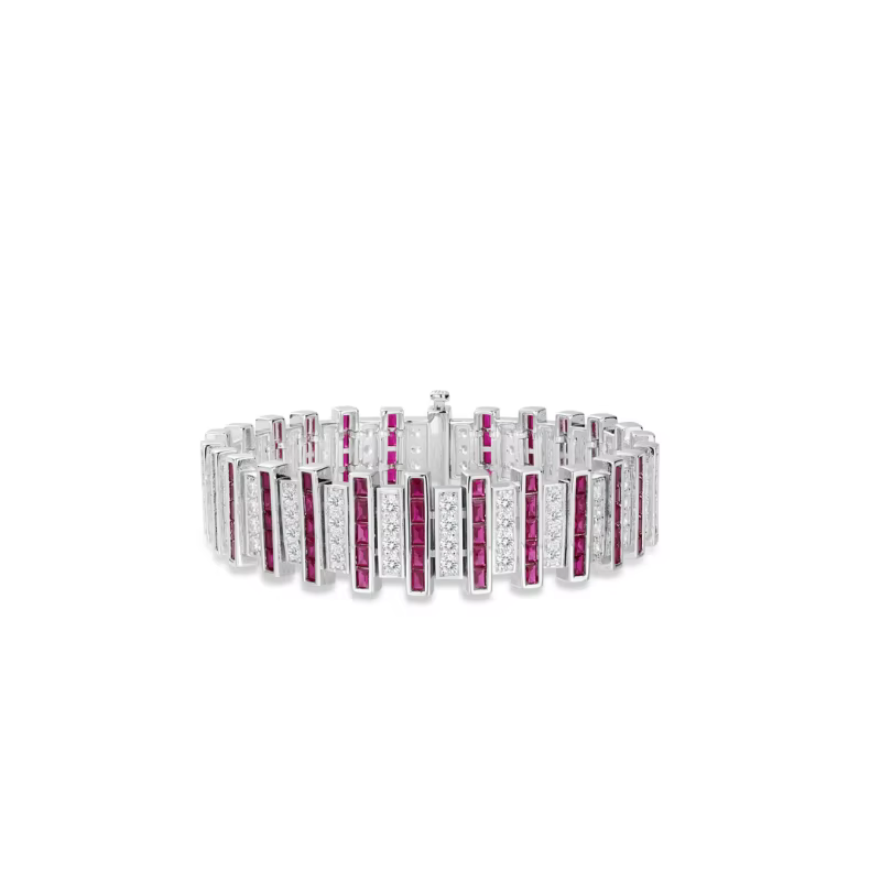 Bracelet Bellux en argent 925 avec zircone synthétique, diamants carrés rouges et blancs entièrement