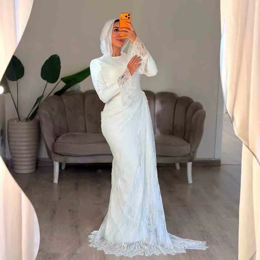 Robe de mariée musulmane blanche personnalisée en dentelle à manches longues, coupe sirène modeste, 