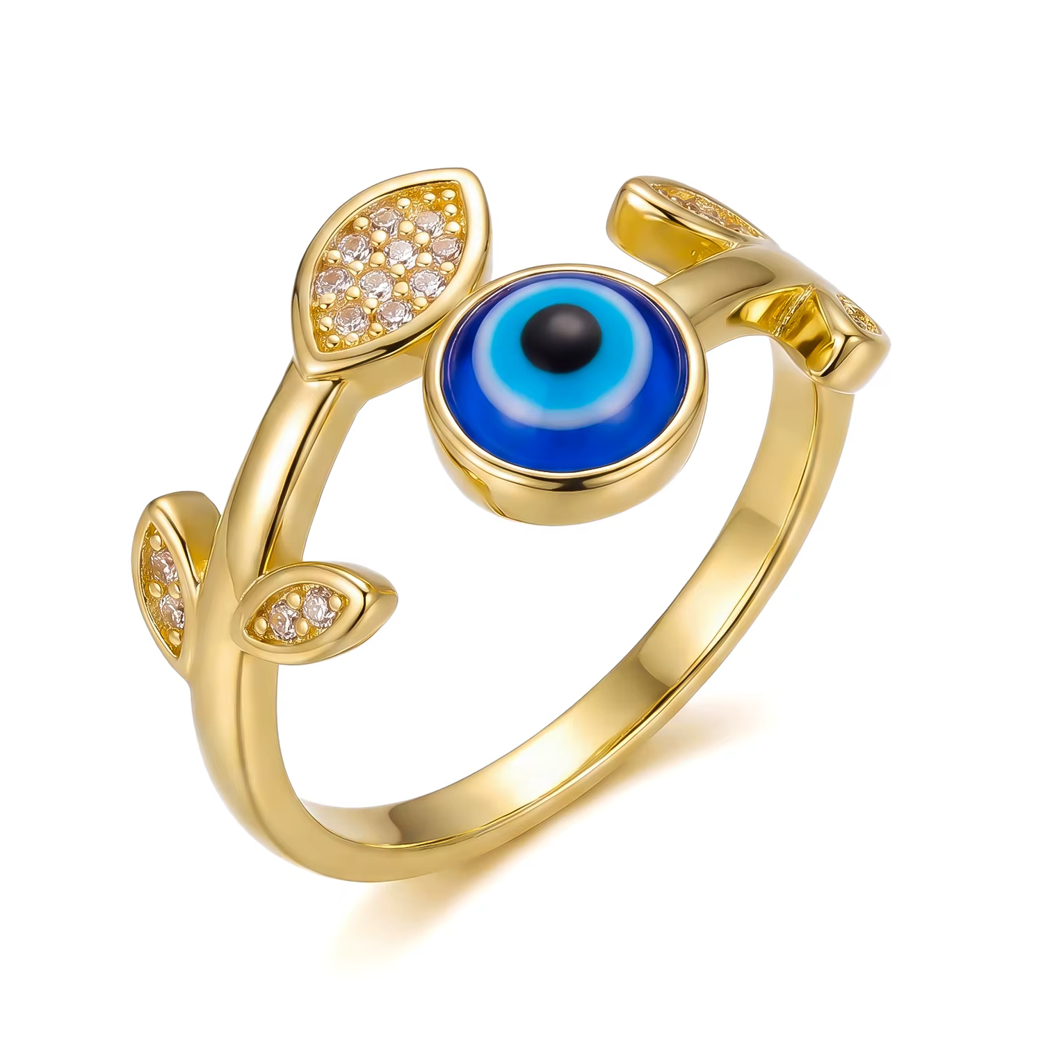 Bague ouverte ajustable pour femme, motif œil turc porte-bonheur bleu, avec feuille en zircon cubiqu