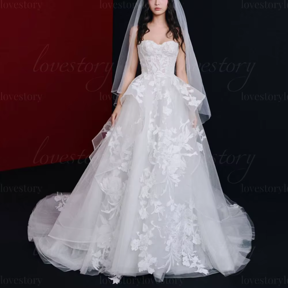 Robes de mariée personnalisées de style moderne, coupe trapèze, en tulle avec appliques, col cœur, r