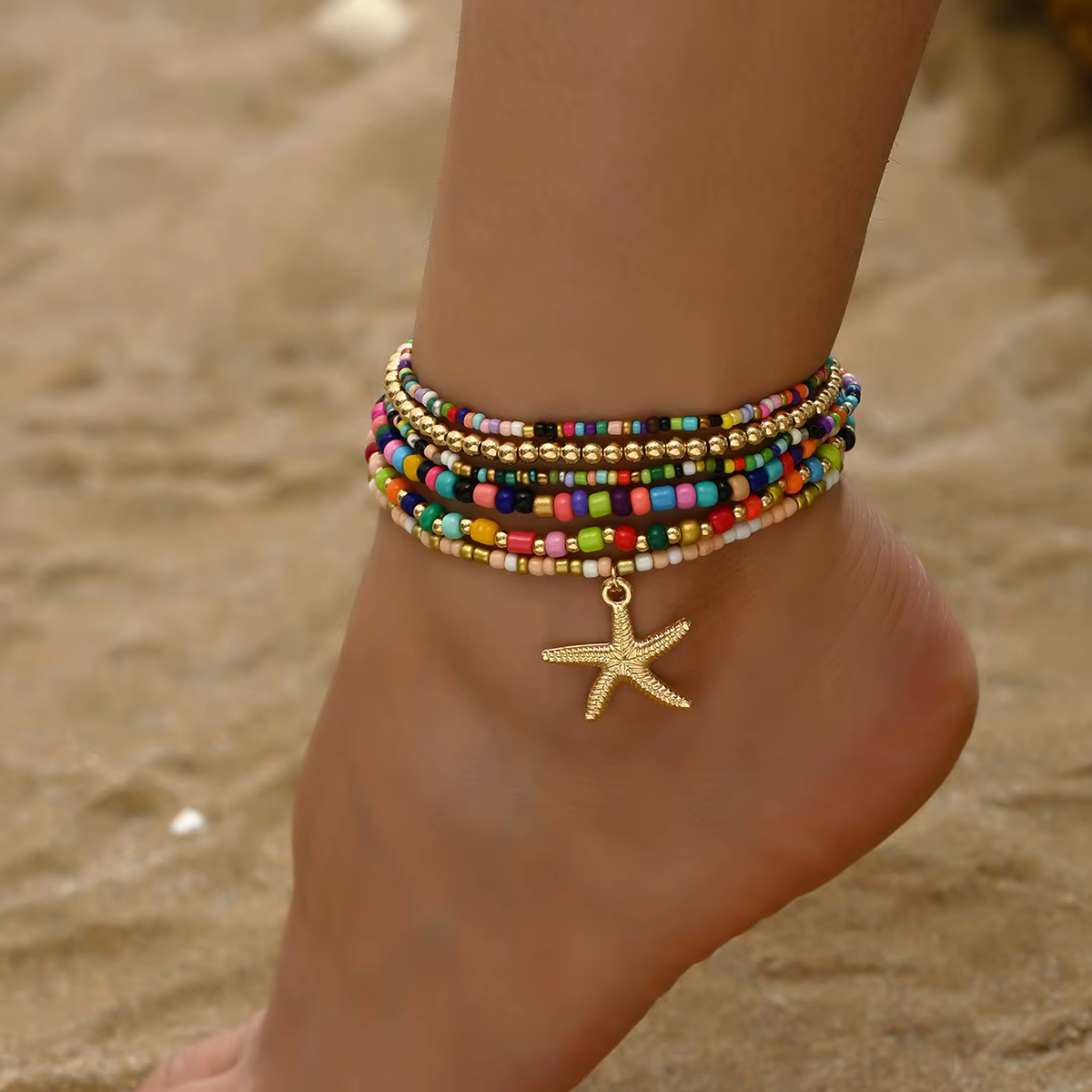 Bracelets de cheville perlés, ensemble de chevillères bohèmes pour femmes avec étoile de mer, conque