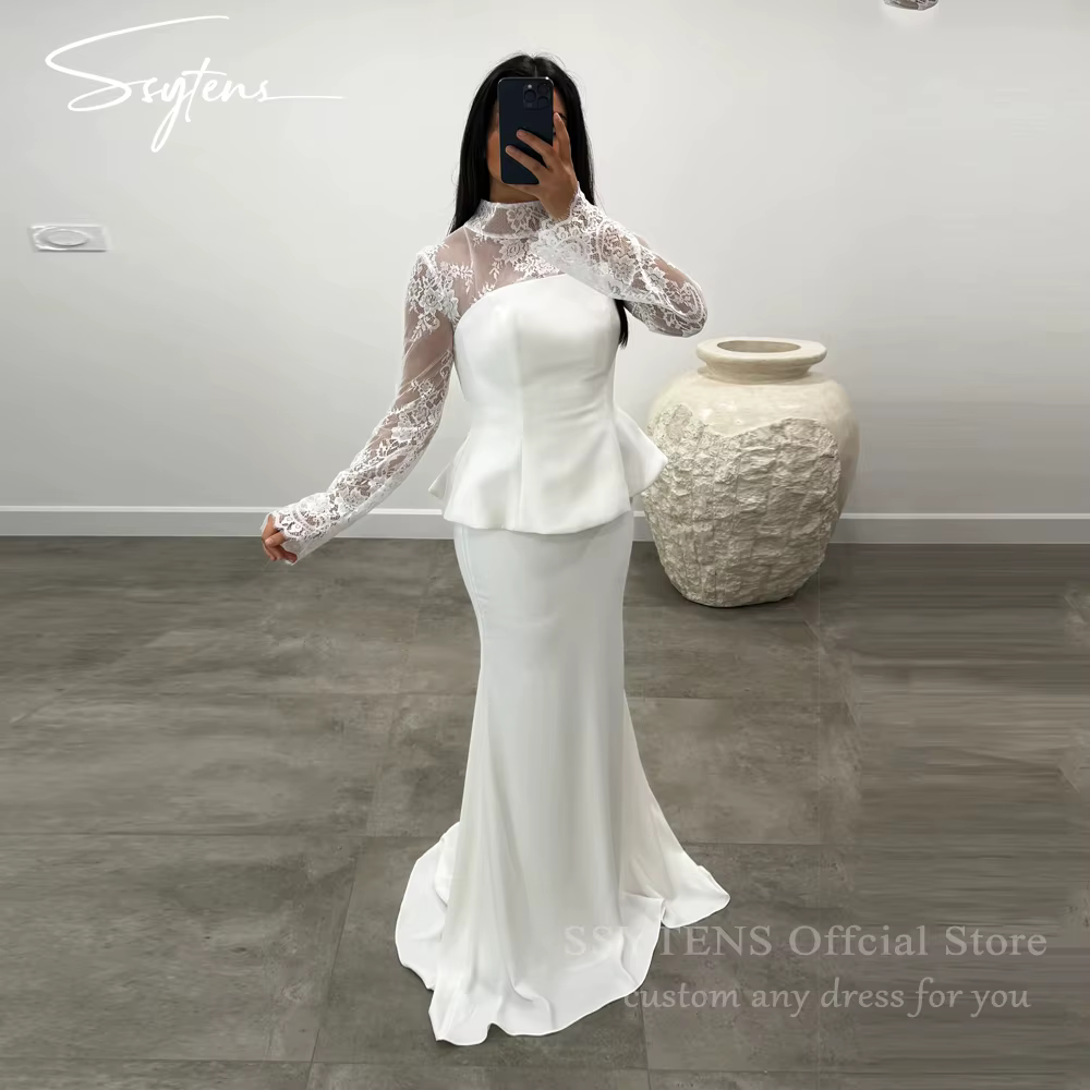 SSYTENS Robes de mariée exquises en dentelle, style sirène, manches longues, pour mariée, Arabie Sao