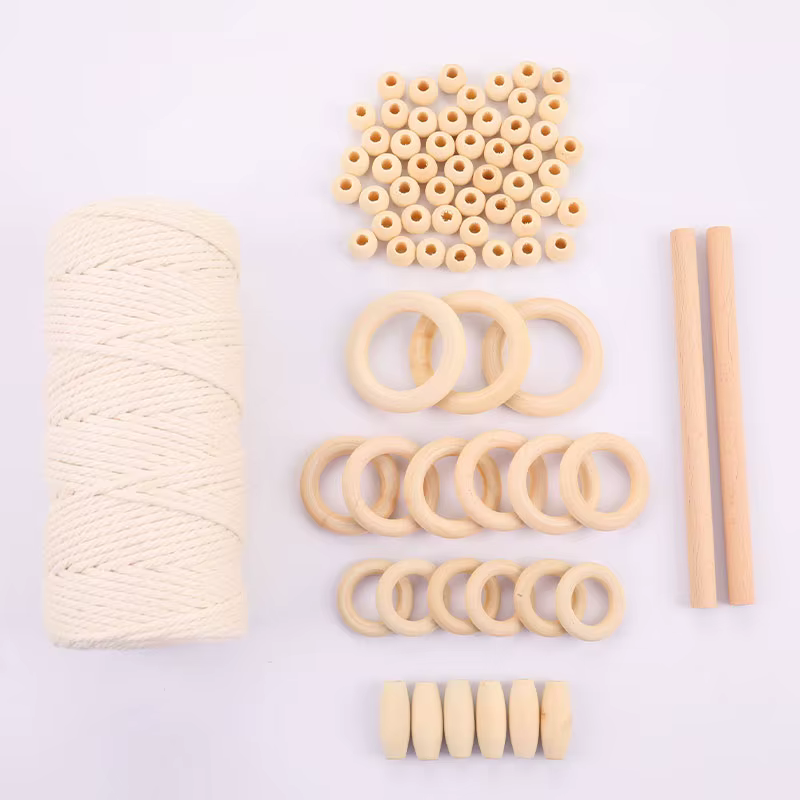 1 ensemble de cordes en coton pour macramé, avec anneau en bois, perles en bois pour bricolage, susp