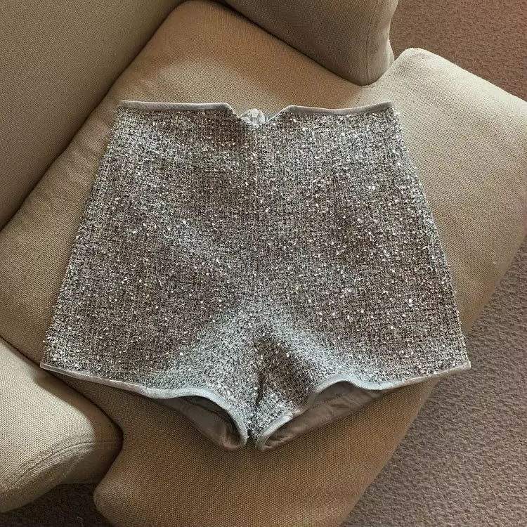 Short taille haute à paillettes argentées pour femmes, pantalons cargo décontractés, jambe large dro