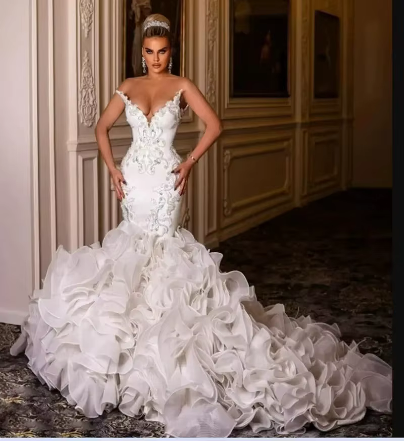 Robe de mariée de luxe avec perles de sirène et volants en fibre de cristal, robes de mariée personn
