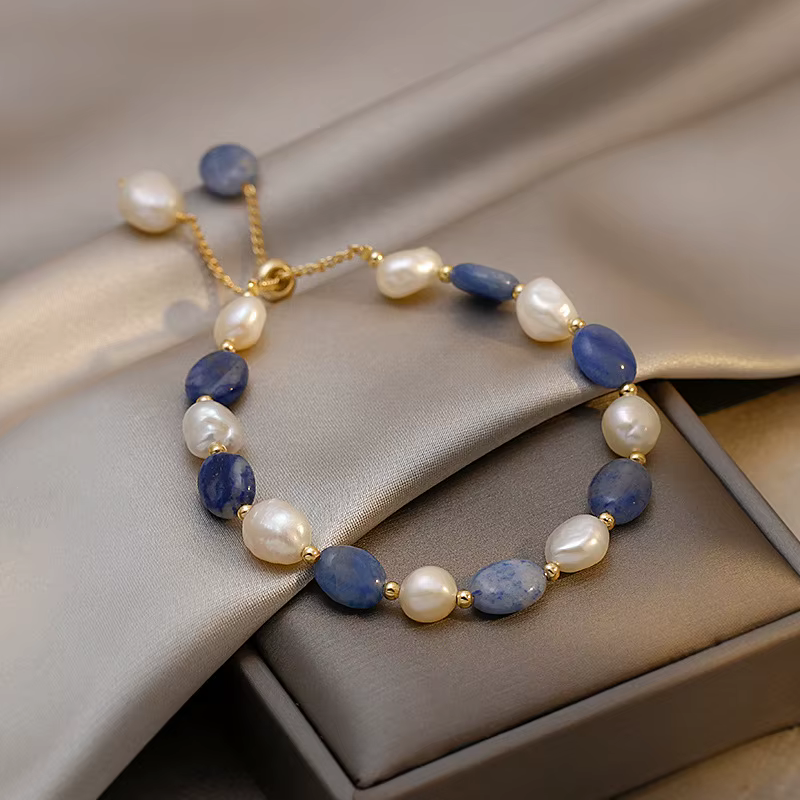 Bracelet à breloques en pierre de Jade bleue et perle d'eau douce baroque, rempli d'or 14K, bijoux p
