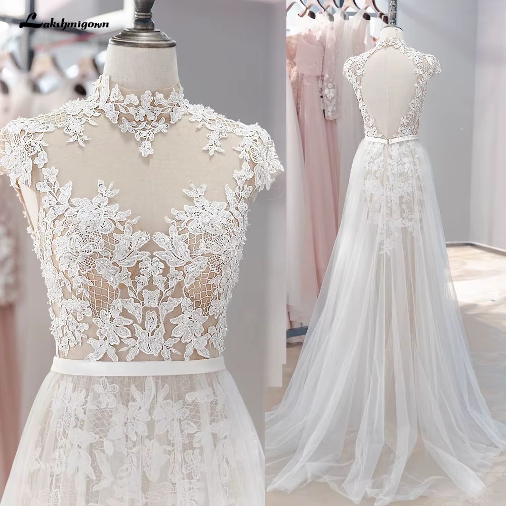Yanshmigown-Robe de mariée bohème, dentelle vintage, tulle perlé, col haut, patients sexy, robe de m